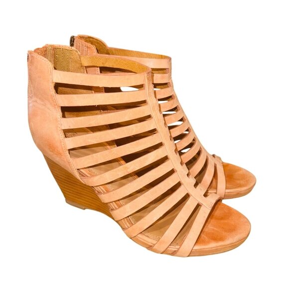 Johnston & Murphy Strappy Gladiator Wedge Sandals 7M Leather Tan Back Zipper - Picture 2 of 11